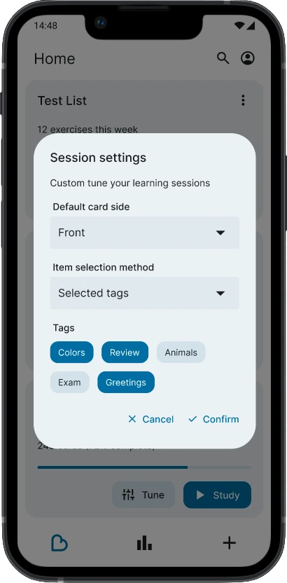 Screenshot of custom study session settings in byHeart app